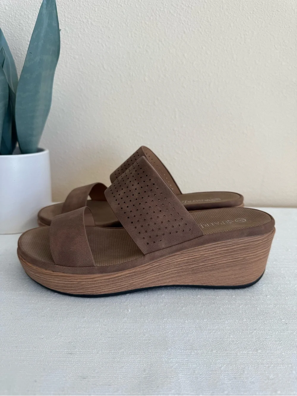 New Patrizia Brown Perforated Wedge Slide Sandals - Casual Platform Comfort